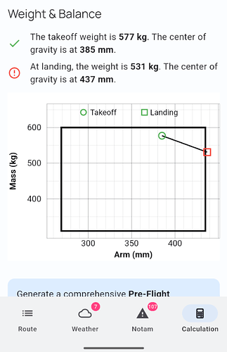 VFRnav Weight 0026 Balance Calculator - Center of Gravity (CG)